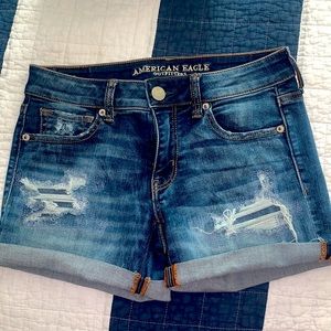AEO Dark Wash Ripped Denim Shorts